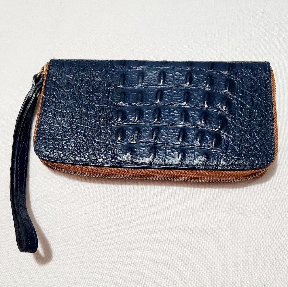 Genuine Blue Back Bone Croc Leather Skin Zipper Clutch Women's Wallet Wristlet